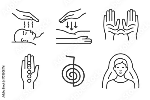 Holistic Healing Icons. Line style icons of holistic healing: reiki healing, hand hovering over body, energy transfer icon, chakra
