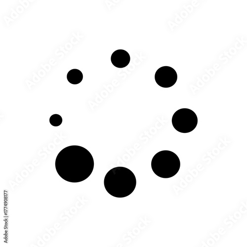A circular arrangement of black dots varying in size on a white background creating a loading icon effect