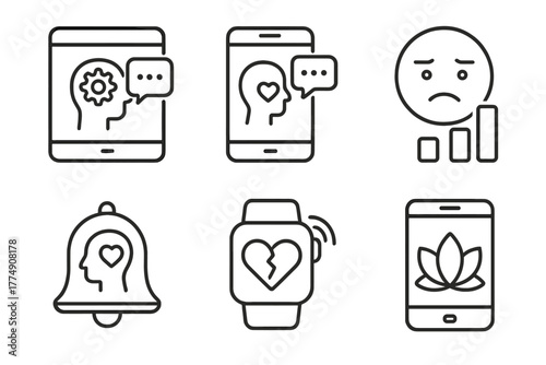 Mental Health Icons. Line style icons of mental health: digital mental health tools, mobile therapy app, mood tracker icon, mental
