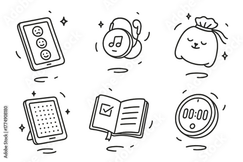 Zero-Gravity Wellness Icons. Line style icons of Emotional Wellness Items in Zero-Gravity: mood tracking tablet, breathing audio