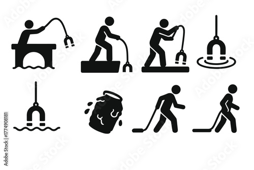 Magnet Fishing Icons. Solid style icons of magnet fishing activity: Bridge Toss, Riverbank Stance, Pulling Motion, Splash Circle,
