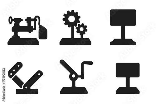 Vintage Patent Model Icons. Solid style icons of vintage patent model features: Miniature Machine, Gear Assembly, Wooden Base,