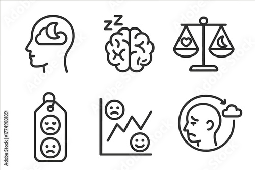 Sleep Therapy Icons. Line style icons of sleep therapy: sleep and mental health, sleep-deprived brain symbol, emotional balance