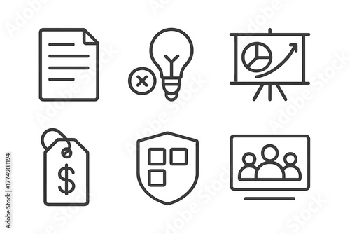 Pitch Deck Icons. Line style icons of Pitch Deck Review: Executive summary file, problem statement icon, solution overview chart,