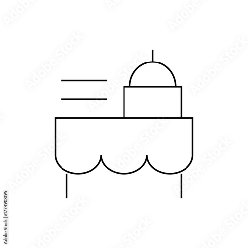 Simple line drawing of a building with a dome on top and three horizontal lines indicating wind blowing left