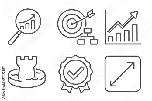 Private Equity Icons. Line style icons of private equity: sector overview icon, target business model, capital efficiency graph,