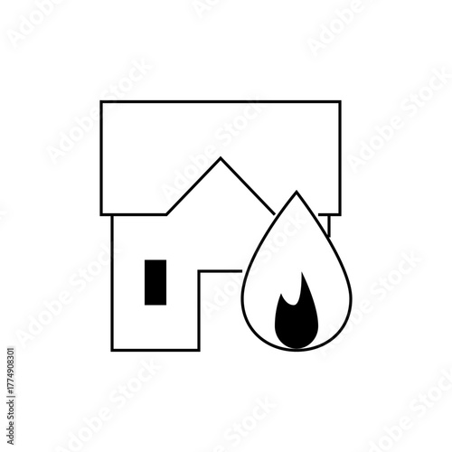 Icon depicting a house with a simple roof and a single window next to a flame shaped like a teardrop
