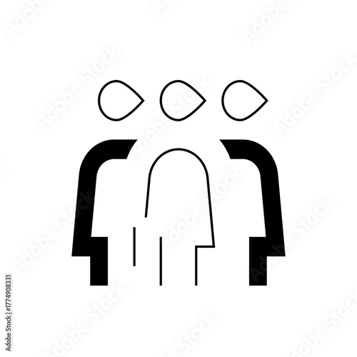 Illustration of three abstract figures with teardrop shapes above their heads in a minimalist style design