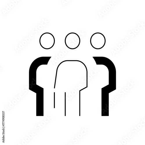 Illustration of three stylized figures standing together with circular heads and simple body outlines