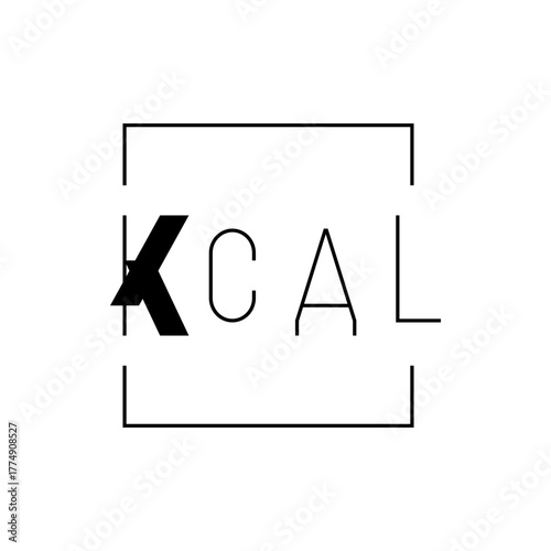 Kcal text logo in a square frame with a bold k and thin c a and l letters on a white background view