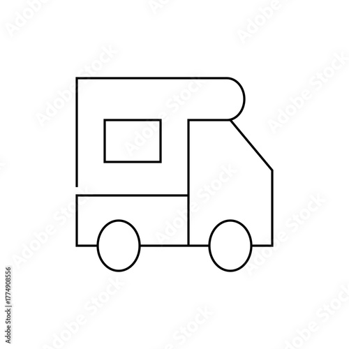 A simple line drawing of a camper van with a window and two wheels on a white background showing travel 100