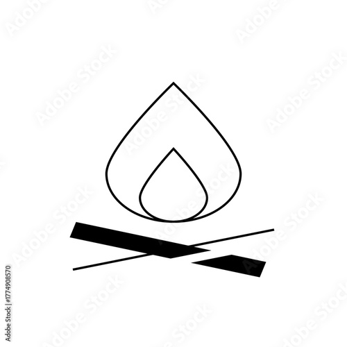 Illustration of a simple campfire with two logs and a flame in black and white minimalist design style drawing