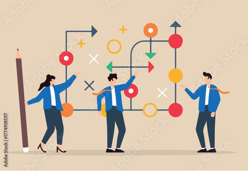 Flat illustration of business team plans for success with tactic chart strategy to overcome obstacles and achieve goals