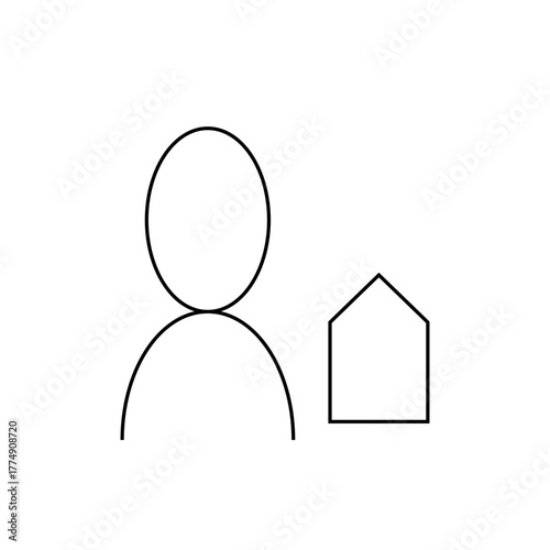 Minimalist line drawing of a person with an oval head and shoulders next to a simple house outline shape