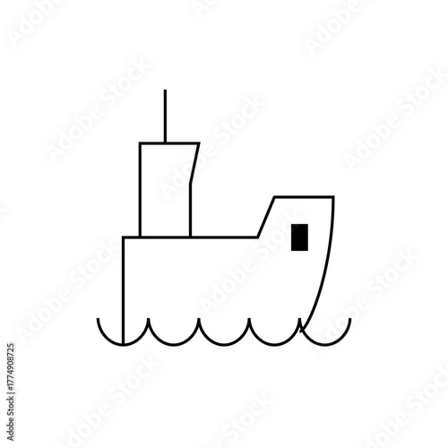 Simple line drawing of a ship with a square window sailing on wavy water with a mast on a white background
