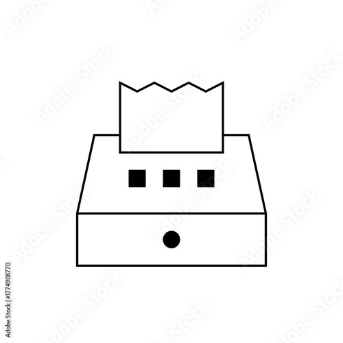 Illustration of a point of sale terminal with paper output and square buttons in a simple black outline