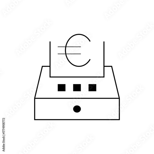 Illustration of a cash register with euro symbol on receipt and three square buttons, black and white, line art