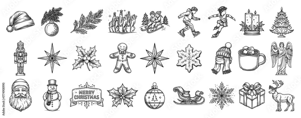 Obraz premium Christmas icon collection – festive holiday doodles pack from Santa to snowflakes