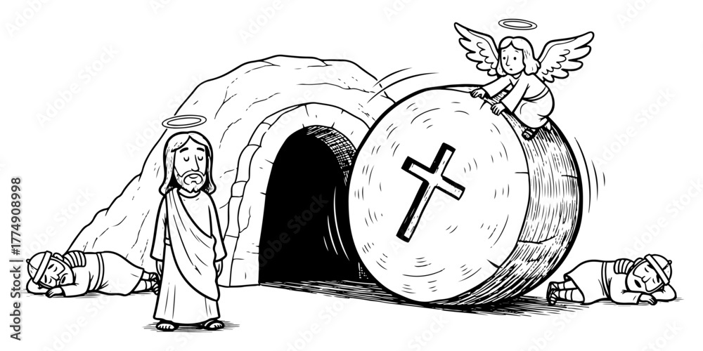 Fototapeta premium Resurrection scene – angel rolling stone from empty tomb, Christ risen line art