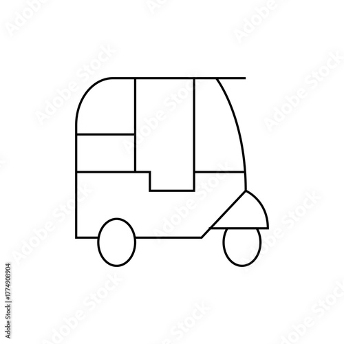 Illustration of a black and white auto rickshaw with a simple outline design and visible wheels and panels