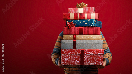 A man holds a pile of gifts in boxes in front of him. Christmas gifts. A man with a pile of boxes wrapped in holiday wrapping and with bows. The person is not visible behind the gifts. Red background