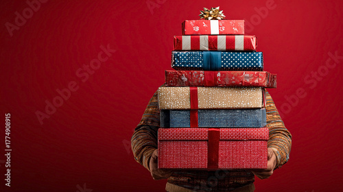 A man holds a pile of gifts in boxes in front of him. Christmas gifts. A man with a pile of boxes wrapped in holiday wrapping and with bows. The person is not visible behind the gifts. Red background