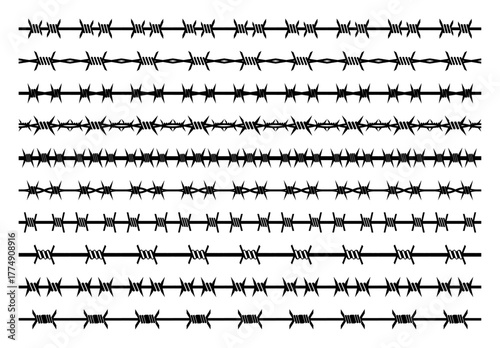 Set of barbed‑wire pattern brushes – varied horizontal security borders in clean vector silhouettes