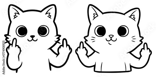 Cute cartoon cat showing rude gesture line‑art – sarcastic emoji style vector illustration