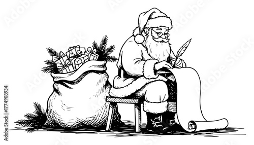 Santa Claus checking wish list next to sack of presents – vintage black‑and‑white engraving