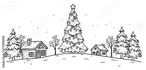 Snowy village landscape with decorated Christmas tree and cottages – whimsical winter line scene