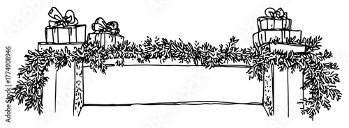 Blank Christmas banner with gift boxes and pine garland – festive frame illustration