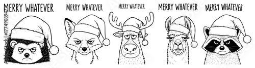 Sarcastic 'Merry Whatever' animal faces in Santa hats border – quirky holiday illustration