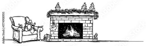 Cozy Christmas fireplace with armchair and stockings – hand‑drawn winter interior illustration