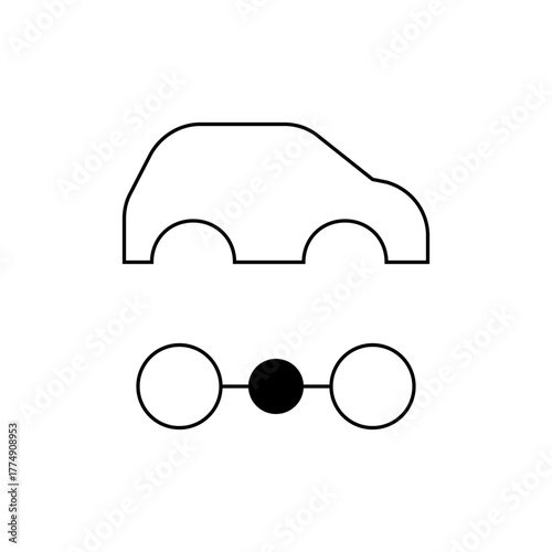 Simple line drawing of a car above three circles connected by lines, with the center circle black