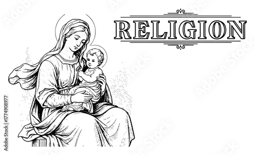 Madonna and Child vintage engraving with ornate 'Religion' header – classical sacred illustration