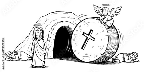 Resurrection scene – angel rolling stone from empty tomb, Christ risen line art