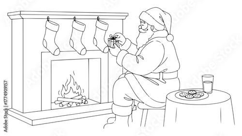 Santa examining toy beside fireplace with stockings, milk & cookies – cozy Christmas‑eve line drawing