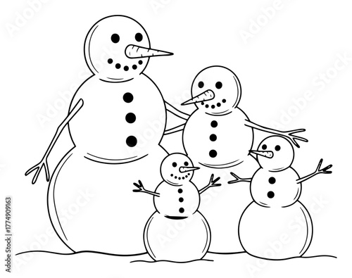 Cheerful family of snowmen with carrot noses and twig arms – playful winter illustration