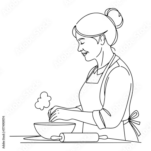 Woman kneading dough in kitchen – cozy winter baking line illustration