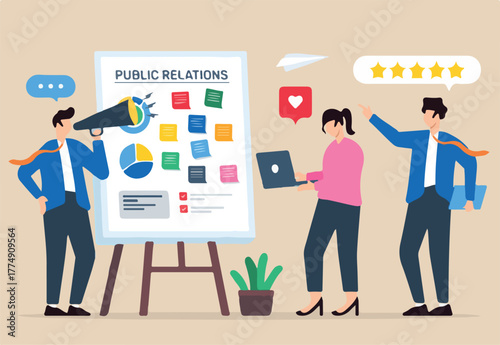 Vector illustration of team organizing public relations strategy with sticky notes on whiteboard PR planning