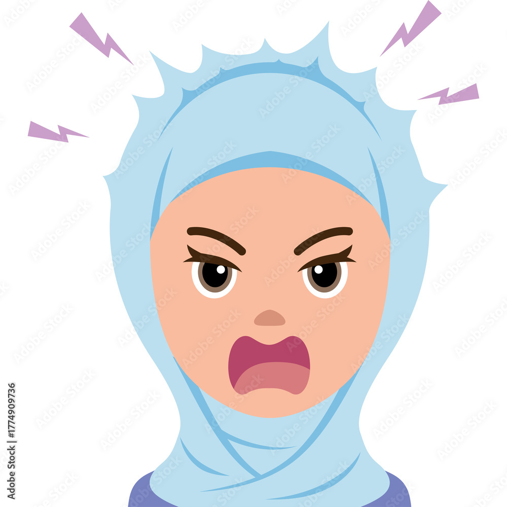 Fototapeta premium Angry Woman Wearing Light Blue Hijab and Purple Scarf Expressing Frustration with Lightning Bolts and Wide Mouth Against White Background