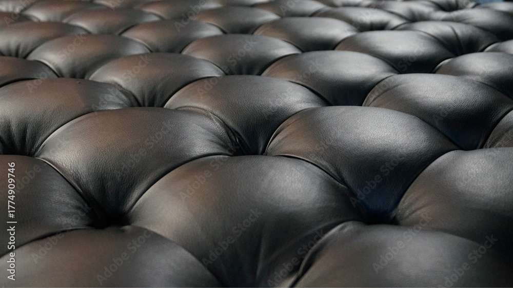 Fototapeta premium Close-up of black leather sofa texture with soft tufted pattern