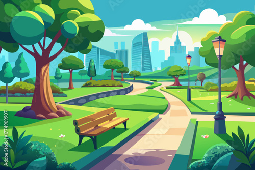 Digital image of a modern green park with walking paths, trees, benches, clean landscape design, beautiful cobblestone crossing with sunlight on park site, relaxing outdoor recreation area in urban en