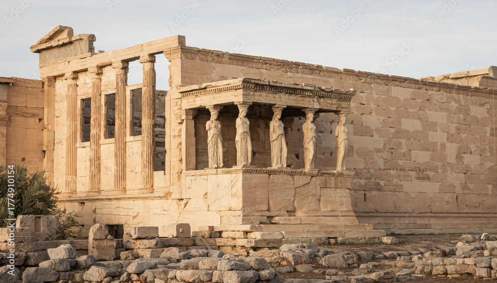 Fototapeta premium Templo de Erecteón y las Cariátides en la tumba del mítico rey Cécrope. Acrópolis de Atenas en Grecia.