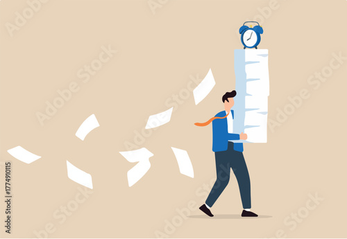 Businessman carrying heavy documents and paperwork, with alarm clock deadline atop pile. Concept of workload, overworked office routine, aggressive deadlines leading to exhaustion and burnout