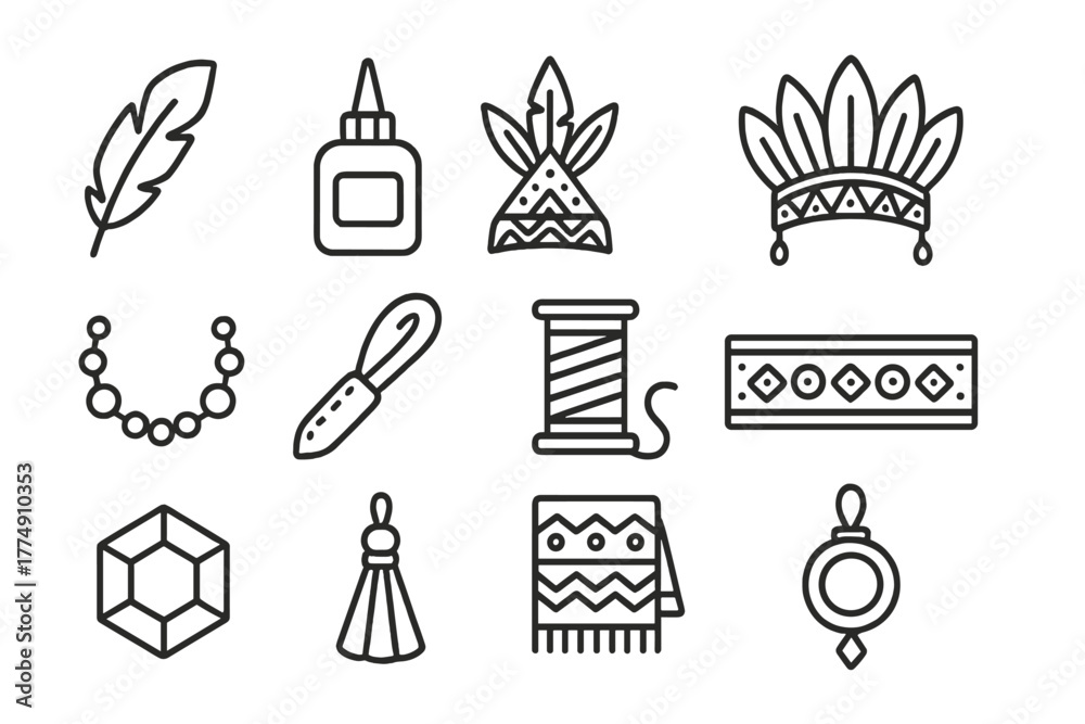 Fototapeta premium Cultural Headwear Icons. Line style icons of Cultural Headwear: Feather, Glue, Complex Design, Headdress; Beadwork, Leather Strip,