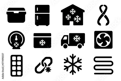 Refrigeration Icon Set. Solid style icons of refrigeration: icebox chest, refrigerator door, cold storage warehouse, ice tongs,