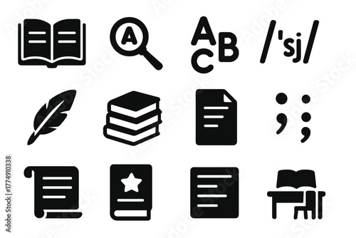 Lexicography Icon Set. Solid style icons of lexicography: open dictionary, magnifying glass on word, alphabet letters, phonetic