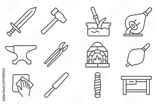 Weapon Crafting Icons. Line style icons of Weapon Crafting: Pattern-Welded Blade, Hammer, Quench Bath, Sharpening Stone; Anvil,