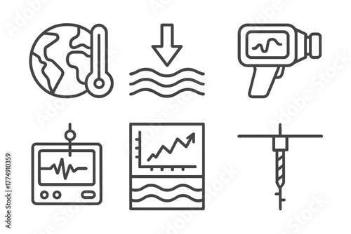 Earth Heat Icons. Line style icons of Earth Heat Monitoring: temperature probe, heat flux arrow, thermal camera, seismic sensor,